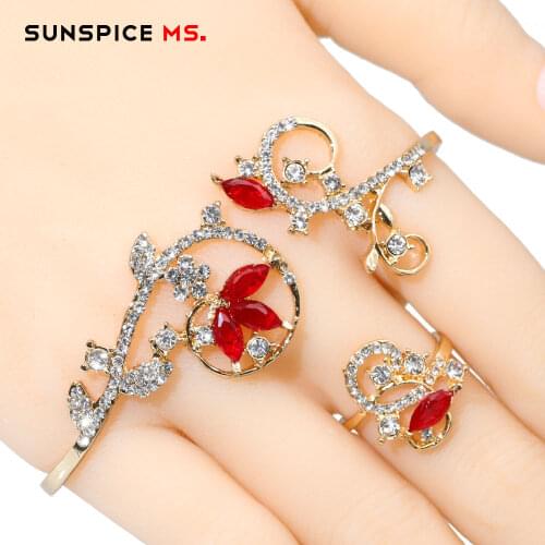 SUNSPICEMS Gold Color Palm Bangle With Ring Fashion Zircon Wedding Jewelry For Social Gatherings Senior Prom Flower Bracelet New