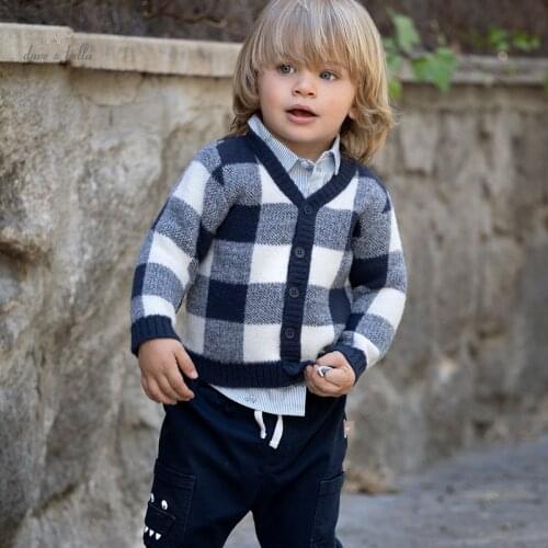 DBA18747 dave bella autumn infant baby boys fashion plaid cardigan kids boy toddler coat children casual knitted sweater