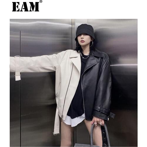 [EAM] Oversized Black Pu Leather Contrast Color Jacket New Lapel Long Sleeve Women Coat Fashion Tide Spring Autumn 2021 1DE0643