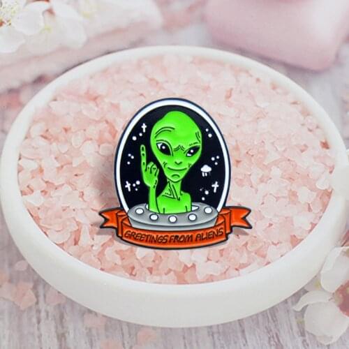 Alien UFO Enamel Pins Greetings from aliens Brooches Outer Space Universe Airship Cosmic Life Badges Jewelry Pin Wholesale
