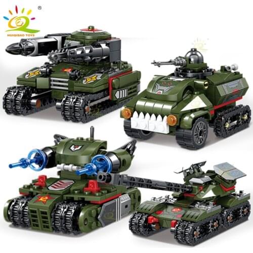 HUIQIBAO WW2 Military Tank Building Blocks Set Truck Army Brick with 4 Soldier Figure Construction Toy For Children