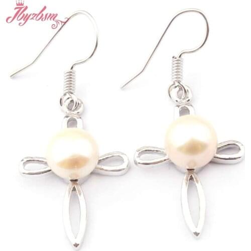 7mm Round Freshwater Pearl Beads Natural Stone Beads Cross Silver Plated Dangle Hook Earring For Woman Christmas Gift 1 Pair