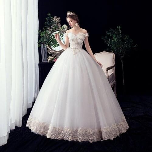 2021 Boat neck Sleeves Off The Shoulder New Arrive Beads Lace Edge Ball Gown Lace Wedding Dresses vestido De Noiva