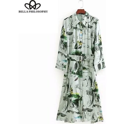 Bella Philosophy 2018 Autumn Western Style Dress Streetwear Print Full Mid-Calf Polyester A-Line Sashes Natural Turn-down Collar