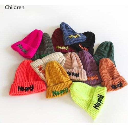 Casual Boys Girls Hats Embroidery Letters Woolen Crochet Knit Cap Kids Candy Color Winter Warm Children Beanie Hat Caps 13 Color