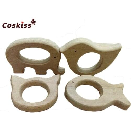 DIY Baby Teether Toys Organic Natural Beech Wooden Elephant-Bird-Fish-Cat Hand Cut Toys Baby Wooden Teether Gift