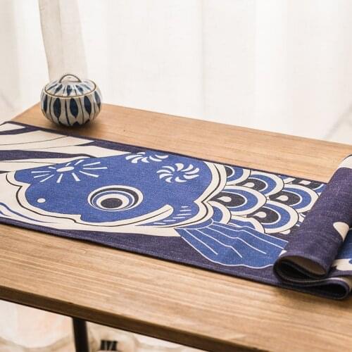 Japan style imitation wax printing blue carp flag antependium Cotton linen TV ark dustproof cover tea table mat drink coasters