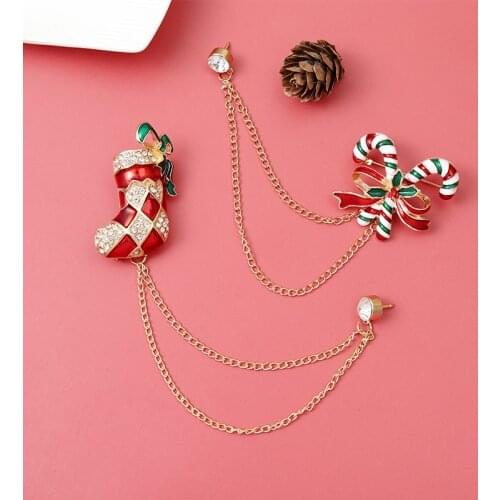 Christmas Enamel Pins Rhinestone Crystal Santa Snowman Badge Pin Brooches with Chain Jewelry for Friends New Years Gifts