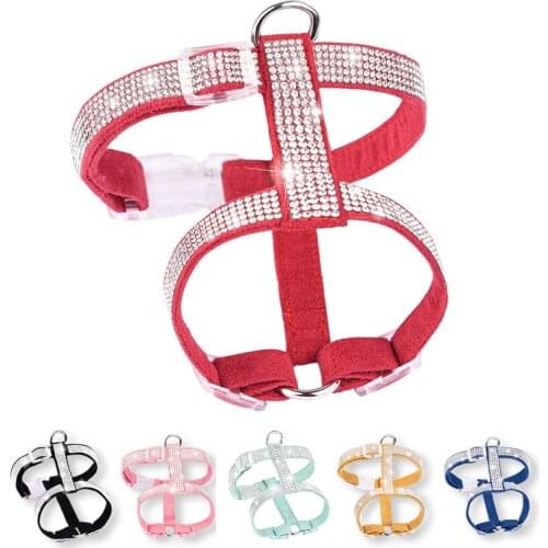 I Shape Pet Dogs Harness Soft Suede Fabric Shining Diamonds Adjustable Bow Rhinestone Dog Collar Harnesses For Dogs Chest Strap