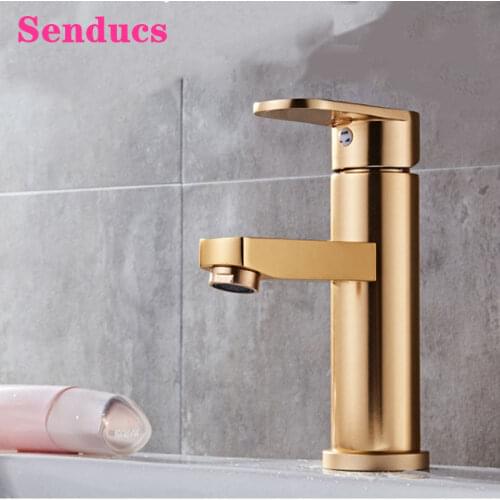 Bathroom Faucets Senducs Quality Space Aluminum Basin Sink Mixer Tap Gold Aluminum Bathroom Tap Single Handle Hot Cold Water Tap