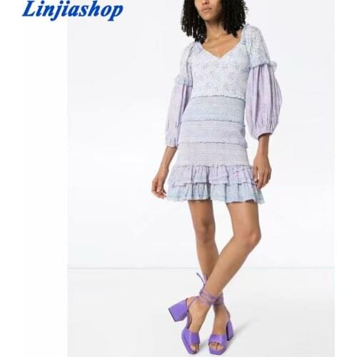 Vintage pleated patchwork mini dress elastic ruffles lantern sleeves high quality fashion summer dress bloggers vestidos