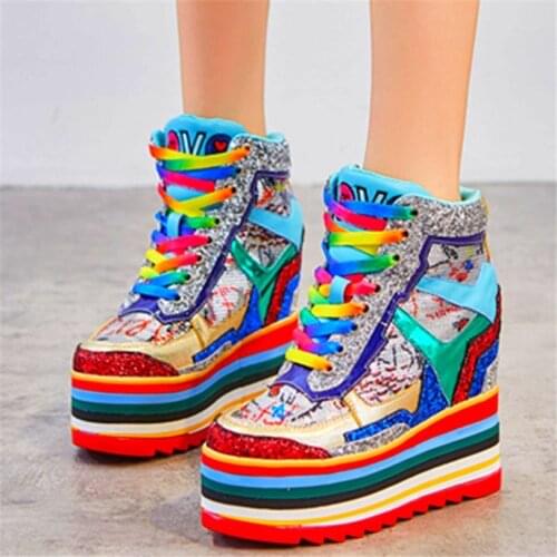 Womens Real Leather Ankle Boots Platform Wedge High Heel Fashion Sneakers Shiny Glitter Party Creeper Oxfords 34 35 36 37 38 39
