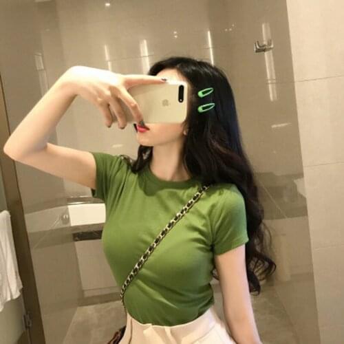 QRWR T Shirts Women 2021 Korean Fashion Short Casual Solid Color Womens Top Cute Skinny Short Sleeve Summer T Shirt For Girls