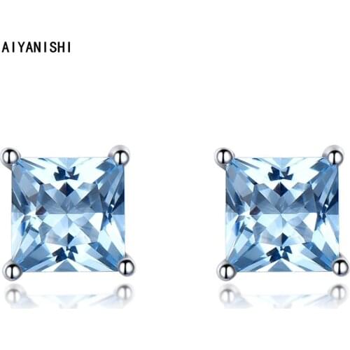 AIYANISHI 100% Real 925 Sterling Silver Earrings Jewelry Women Fashion Cute Blue Topaz Stud Earrings Gift for Girls Teens Lady