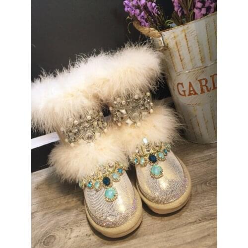 Winter handmade rhinestone fox hair light gold tube thick velvet warm leather snow boots cotton boots