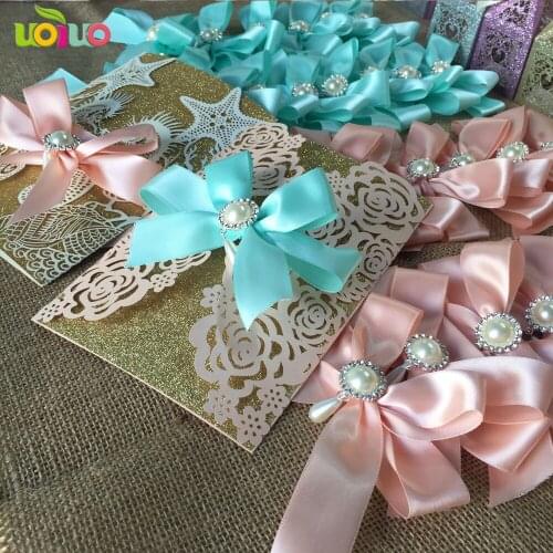 Printed tag tied bow 10pc Lace Wedding Invitations black rose flower glitter gold Universal Invitation Card