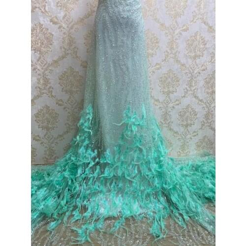 African Lace Fabric with feather and beads Nigerian Lace Fabric High Quality French J-518687 Tulle Lace Fabric For Wedding Dress
