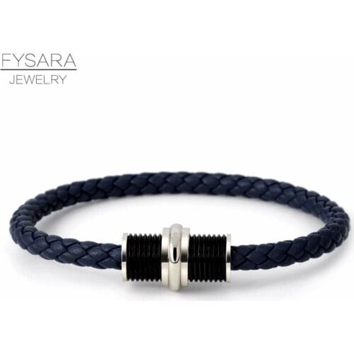 FYSARA Women Mens Genuine Leather Bracelet Stainless Steel Black Round Charms Magnet Bracelets & Bangles Handmade