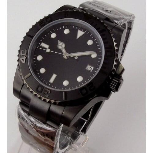 40mm Sterile Dial Sapphire Glass PVD Coated Date Brushed Black Ceramic Bezel NH35 MIYOTA 8215 Automatic Movement Mens Watch