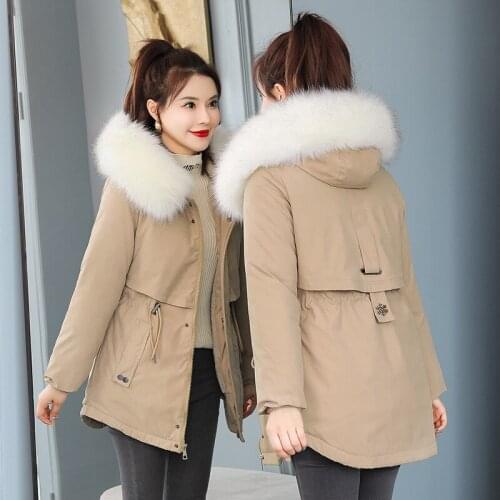 Long Section of Womens Middle School In Winter 2021 New Cashmere Padded Cotton Coat Cotton-padded Jacket Big Fur Collar Coat