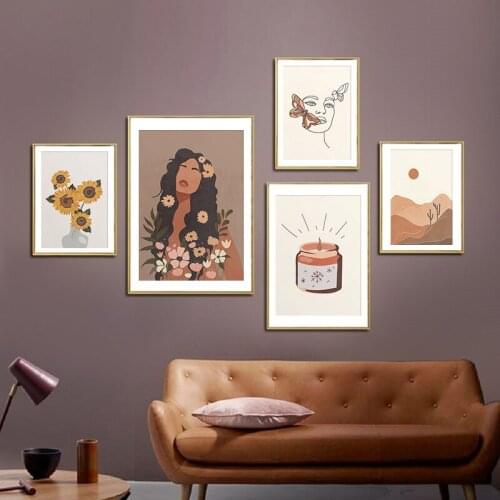 Aesthetic Sunflower Poster Boho Desert Print Candle Wall Art Canvas Painting Minimalist Butterfly Line Picture for Bedroom Decor