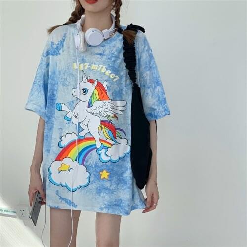 Japanese style cartoon print short-sleeved round neck tie-dye T-shirt mid-length top loose wild summer T-shirt