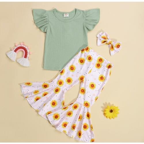 Children Baby Girls Clothes 3pcs Set Green Solid Ruffles Fly Sleeves Tops + Floral Flared Trousers + Headdress Infant Outwear