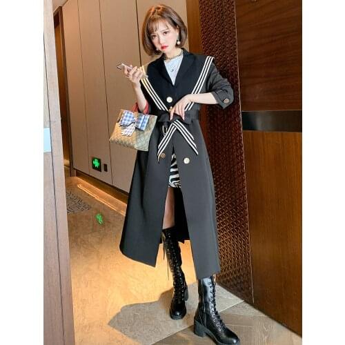 Contrast layering college style suit collar bow tie mid-length windbreaker jacket womens 2020 autumn and winter new