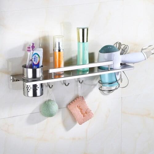 304 Stainless Steel Multifunctional Bathroom Shelf Polished Silver Hair Holder with Shelf Wall Mounted Toothbrush Cup Holder