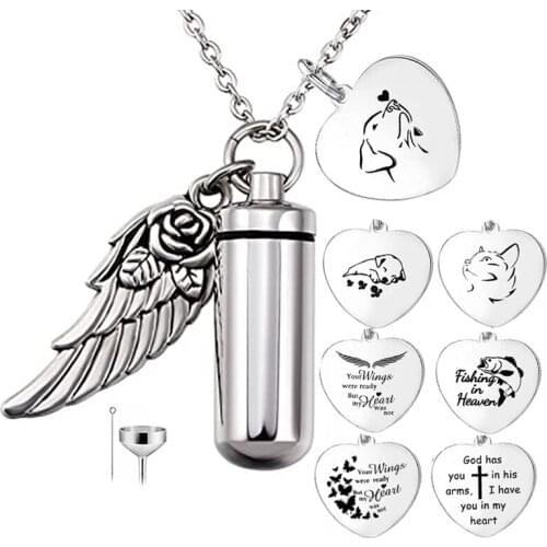 Cylinder Cremation Necklace for Ashes Dog Paw with Angel Wing Charm Pendant Urn Necklace for Ashes Keepsake Jewelry