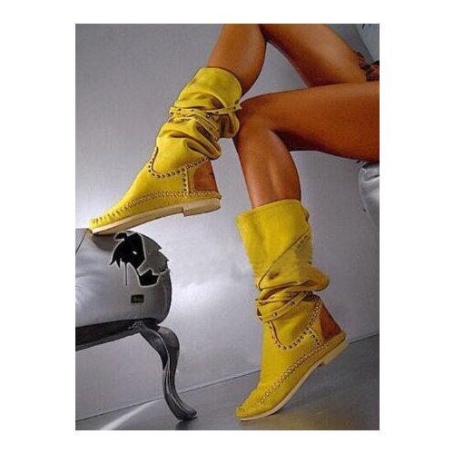 Fashion Yellow Women Flat Boots Stretch Rivets Stud Knee High Boots High Quality Winter Long Boot Plus Size 10 Customized