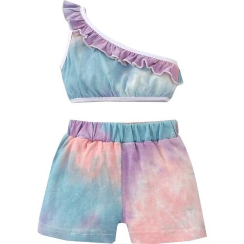 Fashion Baby Girl’s Vest and Shorts Suit Tie-dye Ruffles One-shoulder Tops and Short Pants