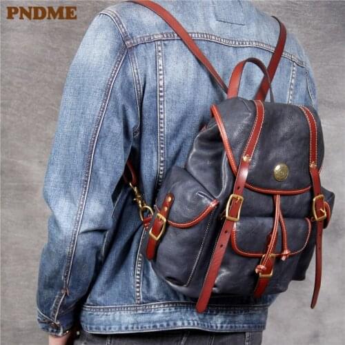 PNDME fashion vintage luxury genuine leather mens womens backpack casual designer cowhide outdoor daily travel laptop bagpack