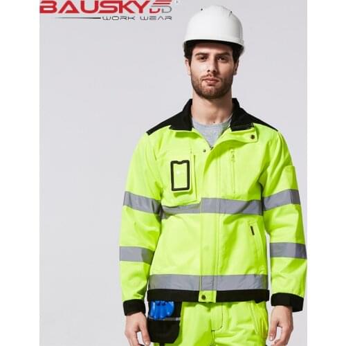Bauskydd Mens Jacket Safari Working Cloth Fluorescent Yellow and Black High Reflective Safety Jacket Oxford Rainwear