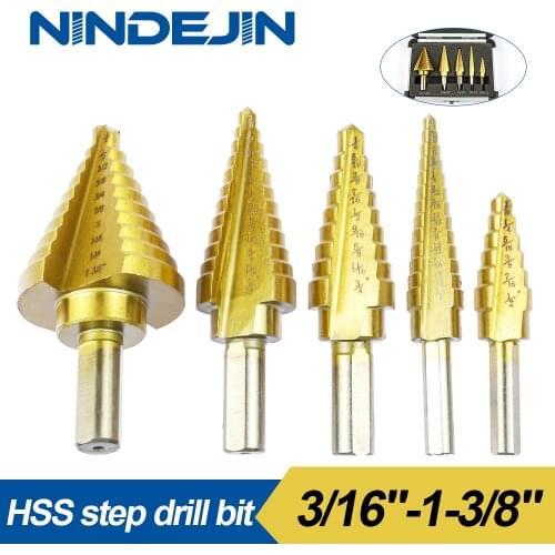 NINDEJIN 5pcs Step Drill Bit Set 1-3/8"-3/16" HSS Titanium Coated Stepped Cone Drill Bits Set for Metal Wood Steel Plastic