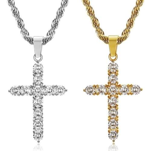 Stainless Steel Hip Hop Zircon Stone Cross Pendant Necklace Jewelry Men with Rope Chain Gift For Him