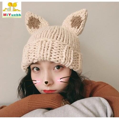New Female adult girl Women Winter Cute ears Solid color Coarse wool cap Keep warm knit lovely outdoor Fashion MZ39