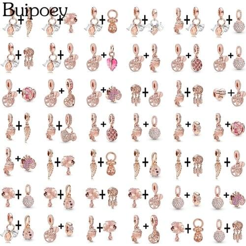 Buipoey Rose Gold I Love You Letter Pendant Heart Wings Dangle Charm Fit Beads Bracelets & Necklace Womens Jewelry Accessories