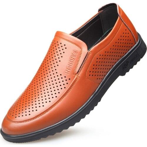 Men Casual Shoes Sandals Summer Hollow Out Flat Fashion Leather Loafers Shallow Outdoor Male Non-Slip Breathable Work Office