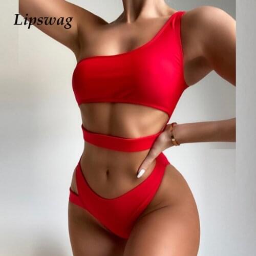 Sexy One Shoulder One Piece Swimsuit 2021 Women Brazil Push Up Solid Color Swimwear Hollow Out Swimsuit Beachwear Bathing Suit L