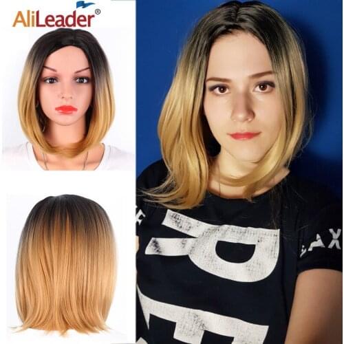 Alileader Short Straight Bob Synthetic Wigs For Black Women Cosplay Wigs Heat Ombre Blond Brown Short Cosplay Wig Synthetic Hair