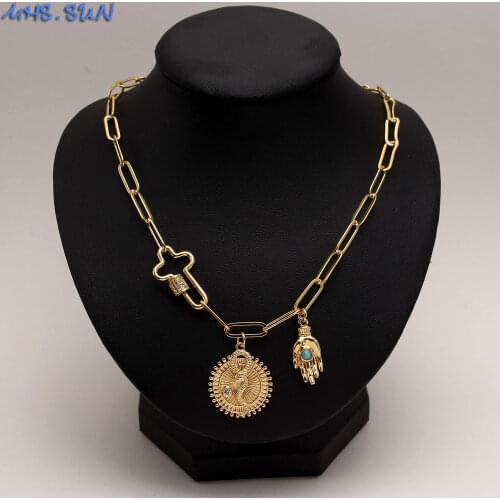 MHS.SUN 1PC Fashion Women Cubic Zircon Religion Pendant Necklace Chunky Chain Necklace With Corss Rotatable Clasp Choker Jewelry