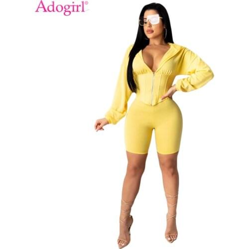 Adogirl Characteristic Waist Leisure Sporting Two Piece Set Zipper Long Sleeve Hooded Crop Top Shorts Women Fashion Suits