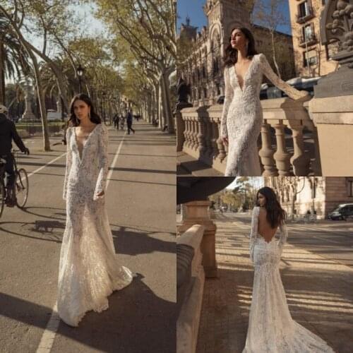 2020 Wedding Dresses Sexy Deep V Neck Long Sleeves Full Lace Appliques Bridal Gowns Open Back Sweep Train Mermaid Wedding Dress