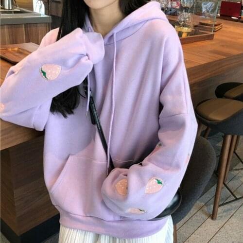 Harajuku Strawberry Embroidery Lavender Purple Pink Sweatshirt Autumn Winter Thicken Women Kawaii Long Sleeves Tops Hoodies XXL
