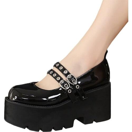 High Heels 8.5cm Pumps Gothic Pu Patent Leather Mary Jane Shoes Womens Rivets Lolita Muffin Jk Platform Black Goth Punk Cosplay
