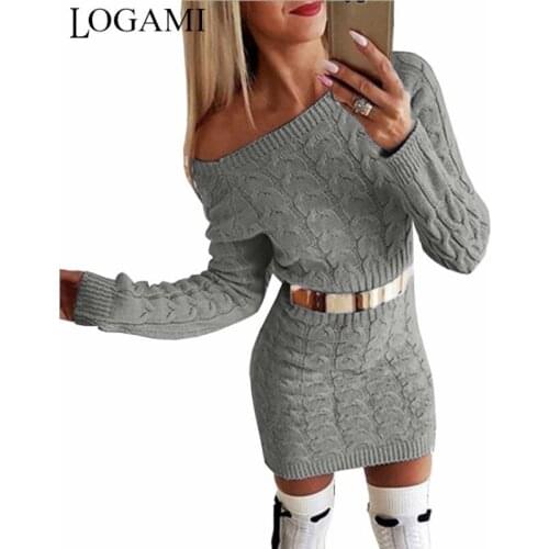 LOGAMI Off Shoulder Knitted Sweater Dress Womens Autumn Long Sleeve Slim Mini Sexy Bodycon Winter Dress 2021 New