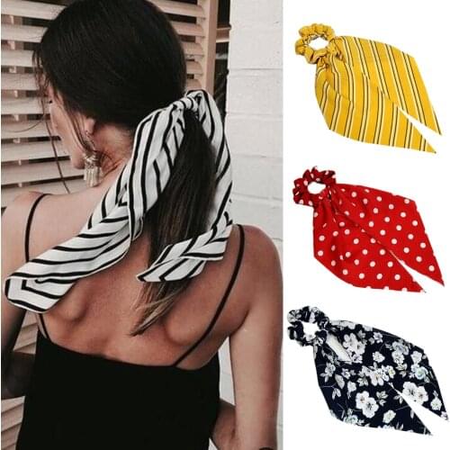 Bohemian Summer Hair Scarf for Women Elastic Hairband Dot Print Floral Pattern Hair Tie Scrunchie Bow Hair Rubber Ropes