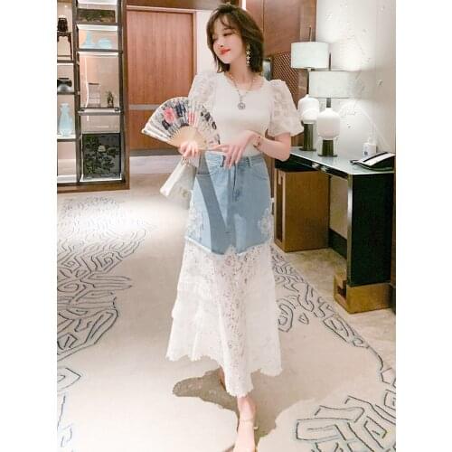 Nail bead round collar plate flower sequins knit + cowboy stitching bud silk skirt suits female amoi