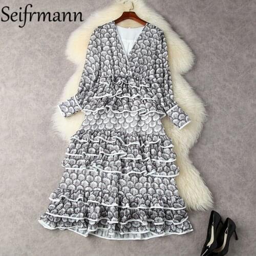 Seifrmann New 2021 Summer Women Fashion Runway Long Dress Lantern Sleeve Ruffles Print Holiday High Waist Cake Dresses Vestidos